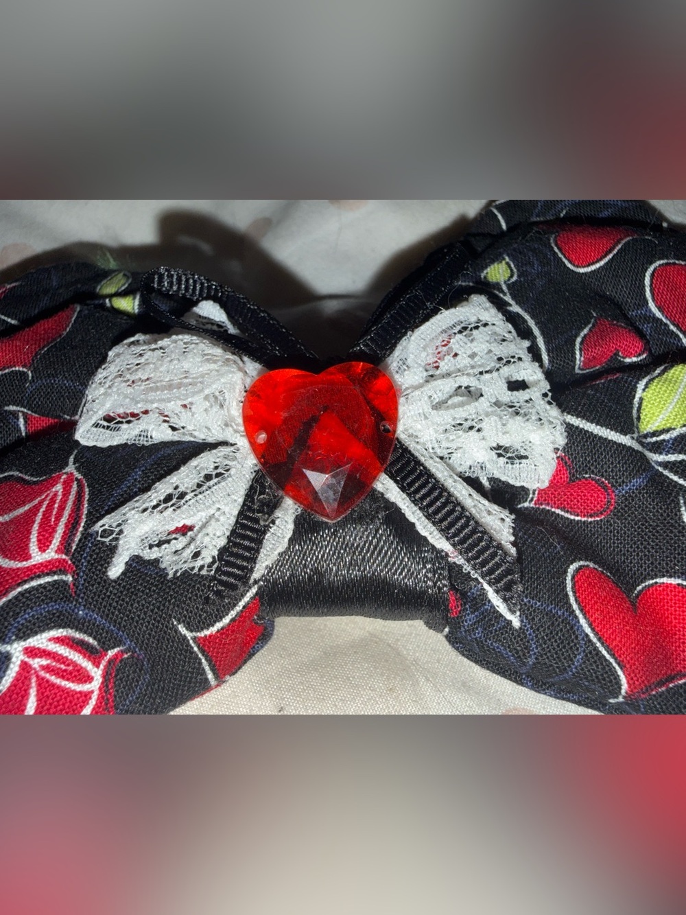 Black white red Handmade valentine hairbow rose heart 1 of kind NWT LACE LOVE xl